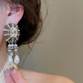 Vintage Palace Style Faux Pearl Stud Earrings With Rhinestone Geometric Waterdrop Design view 3