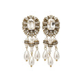 Vintage Palace Style Faux Pearl Stud Earrings With Rhinestone Geometric Waterdrop Design view 5
