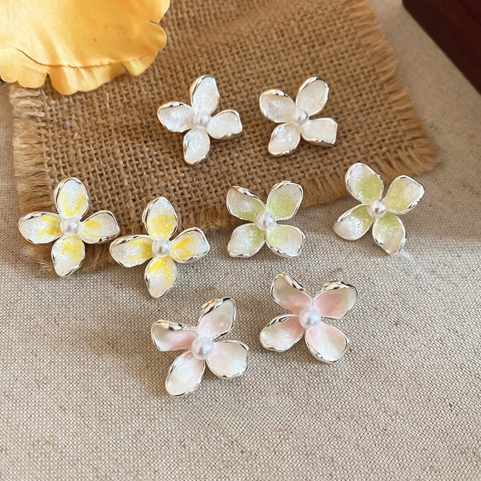 Copper Floral Enamel Pearl Stud Earrings Elegant Fresh Dopamine Style Ear Jewelry