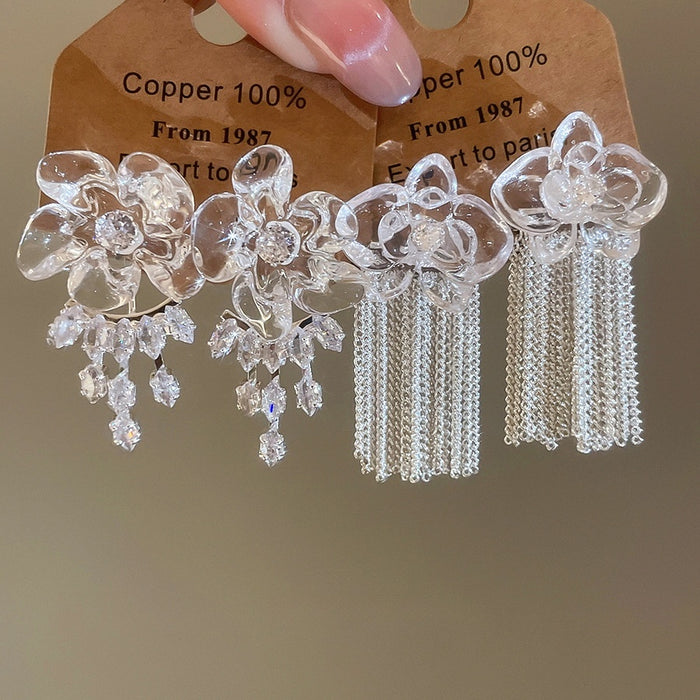 Resin Flower Tassel Stud Earrings With Zircon Accents And Silver Pin Minimalist OL Style