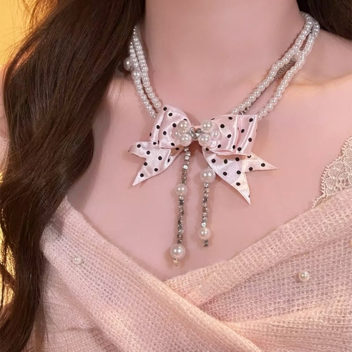 Light Luxury Faux Pearl Bow Tassel Choker Necklace With Polka Dot Princess Style Design
