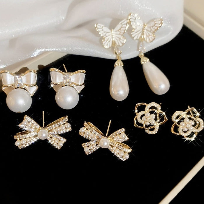 French Light Luxury Copper Zircon Flower Bow Pearl Stud Earrings For Women Fashion Jewelry
