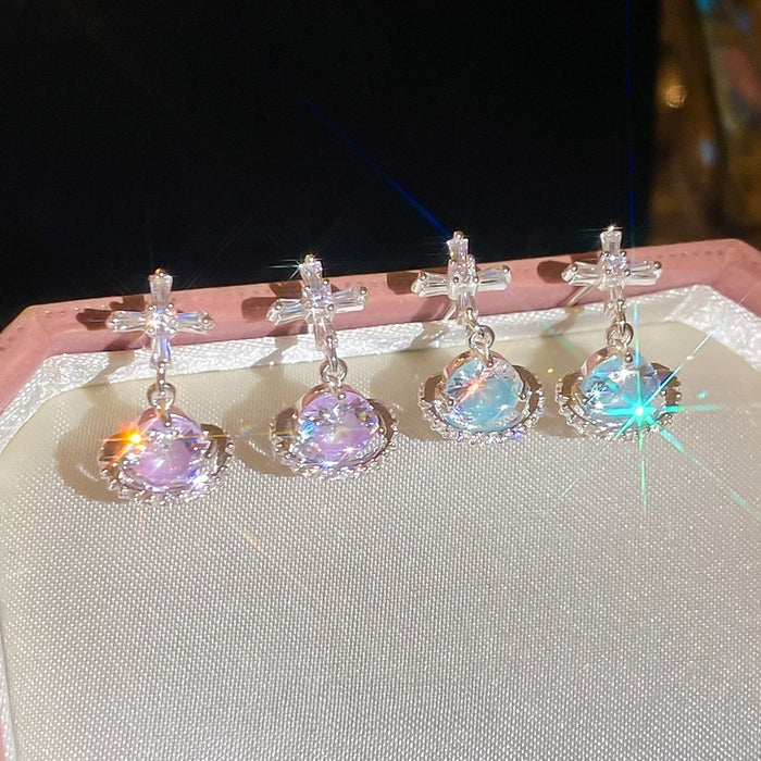Light Luxury Copper Zircon Cross Saturn Star Stud Earrings Korean Style Commuter Jewelry