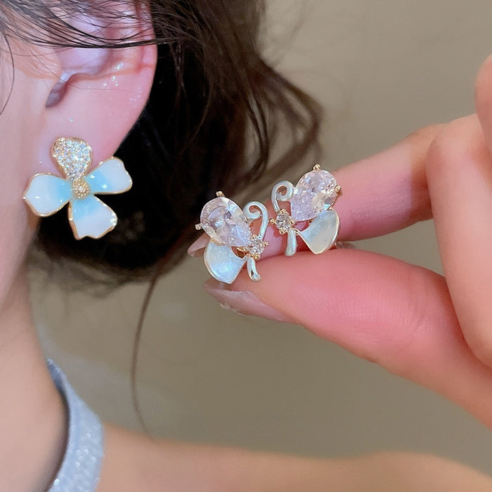 18K Gold Plated Copper Flower Stud Earrings With Zircon Enamel Sweet Light Luxury Women's Jewelry