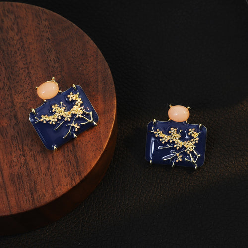 Vintage Palace Navy Enamel Square Studs With Gold Plum Blossom Alloy Peach Gem Elegant Earrings