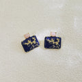 Vintage Palace Navy Enamel Square Studs With Gold Plum Blossom Alloy Peach Gem Elegant Earrings view 3