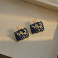 Vintage Palace Navy Enamel Square Studs With Gold Plum Blossom Alloy Peach Gem Elegant Earrings view 4