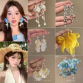 Fabric Flower Tassel Drop Earrings With Silver Needle Posts, Summer Beach Vacation Light Luxury Style view 4