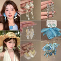 Fabric Flower Tassel Drop Earrings With Silver Needle Posts, Summer Beach Vacation Light Luxury Style view 1
