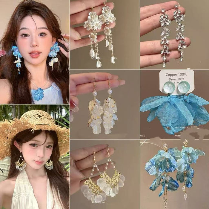 Fabric Flower Tassel Drop Earrings With Silver Needle Posts, Summer Beach Vacation Light Luxury Style