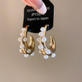 Faux Pearl Round Stud Earrings With Silver Pins, Vintage Minimalist Geometric Light Luxury Jewelry view 1