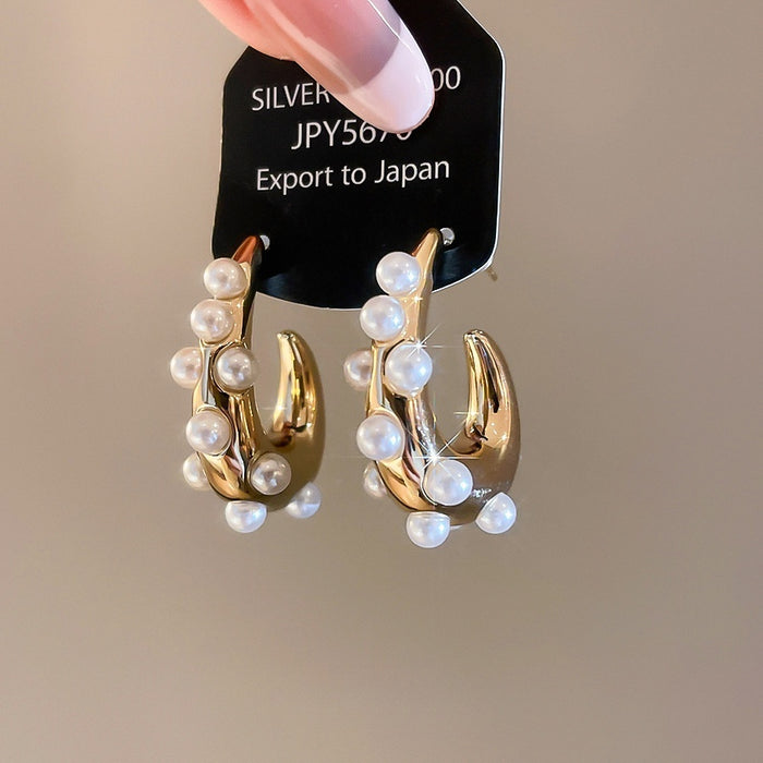 Faux Pearl Round Stud Earrings With Silver Pins, Vintage Minimalist Geometric Light Luxury Jewelry