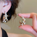 Faux Pearl Round Stud Earrings With Silver Pins, Vintage Minimalist Geometric Light Luxury Jewelry view 2