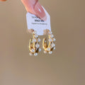 Faux Pearl Round Stud Earrings With Silver Pins, Vintage Minimalist Geometric Light Luxury Jewelry view 3