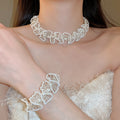 Handmade Faux Pearl Rice Bead Flower Necklace Bracelet Jewelry Set, French Vintage Elegant OL Style view 3