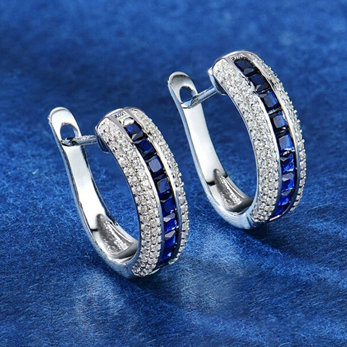 Elegant Zircon Hoop Earrings With Faux Sapphire Design, Premium Classic Vacation Accessory For Women