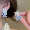Elegant Blue Enamel Flower Copper Stud Earrings, Sweet Light Luxury Floral Design For Women view 4