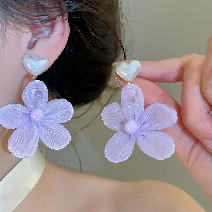 Silver Needle Chiffon Flower Heart Faux Pearl Stud Earrings Elegant Beach Vacation Style