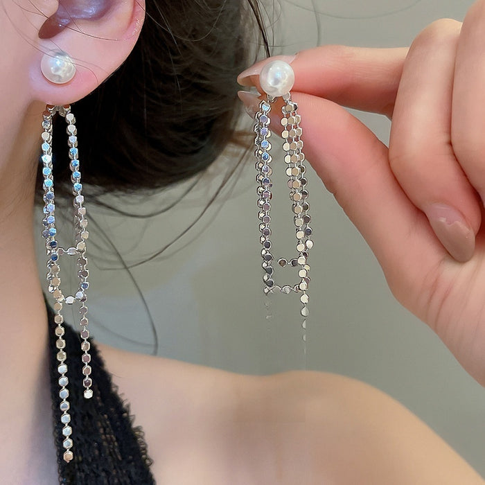 Minimalist Faux Pearl Tassel Drop Earrings With Silver Needle Geometric Stud Design For Women