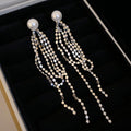 Minimalist Faux Pearl Tassel Drop Earrings With Silver Needle Geometric Stud Design For Women view 4