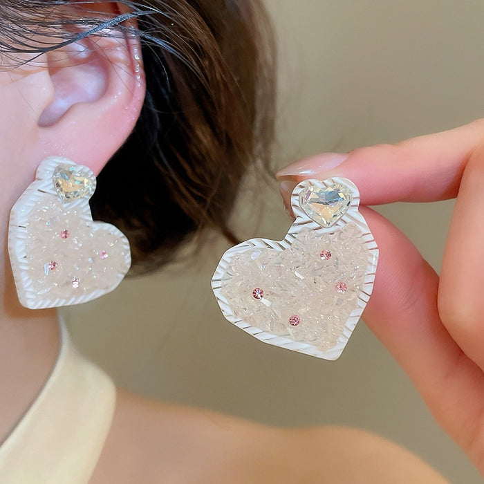 Artificial Crystal Heart Stud Earrings With Silver Needles, Elegant Light Luxury Niche Design