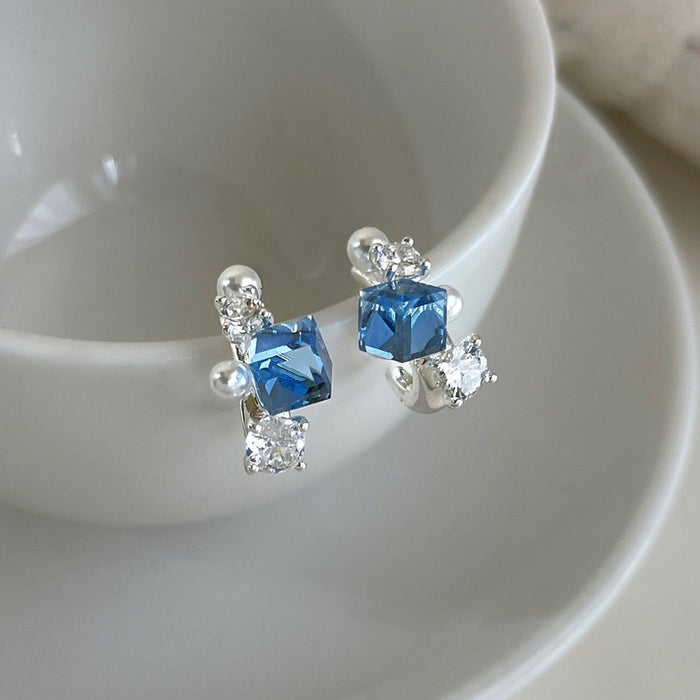 Light Luxury Geometric Blue Zircon Imitation Pearl Stud Earrings For Women