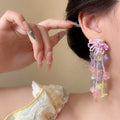 Artificial Crystal Flower Tassel Drop Earrings Elegant Vacation Style Silver Needle Studs view 3