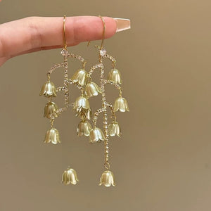 Vintage Court Style Copper Rhinestone Leaf Flower Tassel Drop Earrings