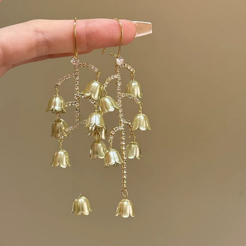 Vintage Court Style Copper Rhinestone Leaf Flower Tassel Drop Earrings