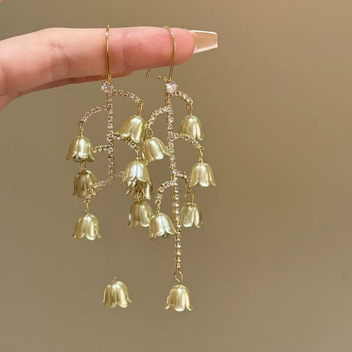 Vintage Court Style Copper Rhinestone Leaf Flower Tassel Drop Earrings