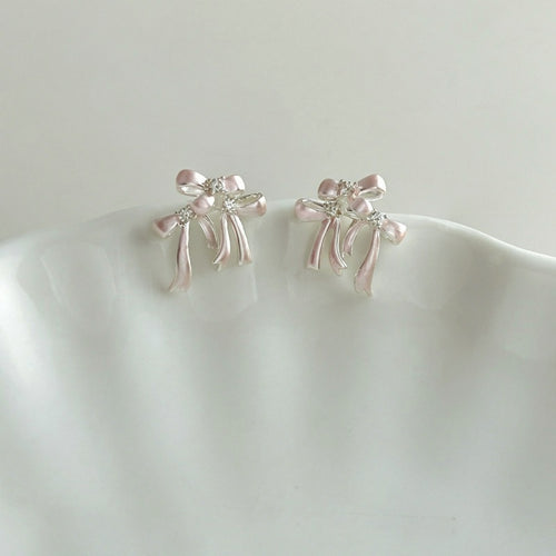 Copper Zircon Enamel Bow Stud Earrings Korean Sweet Light Luxury Cute Style Jewelry