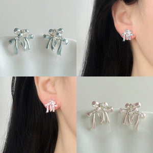 Copper Zircon Enamel Bow Stud Earrings Korean Sweet Light Luxury Cute Style Jewelry