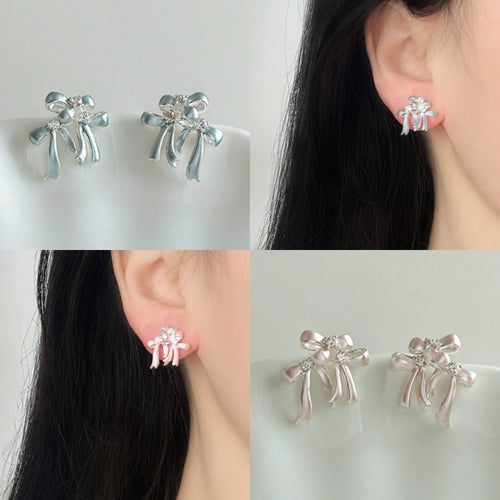 Copper Zircon Enamel Bow Stud Earrings Korean Sweet Light Luxury Cute Style Jewelry