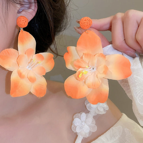 Fabric Raffia Straw Flower Stud Earrings For Women Island Summer Vacation Style Jewelry