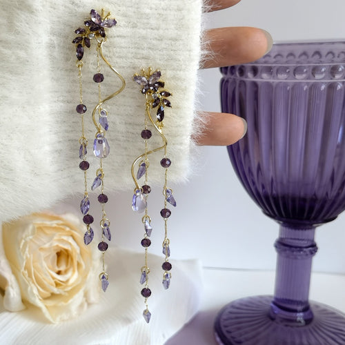 Artificial Crystal Purple Wisteria Butterfly Long Tassel Drop Earrings