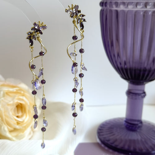 Artificial Crystal Purple Wisteria Butterfly Long Tassel Drop Earrings