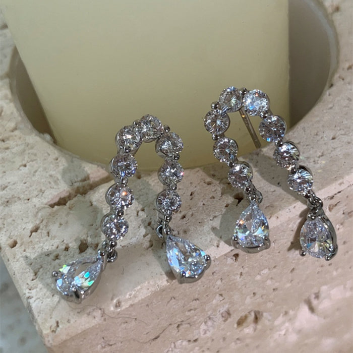 18K Gold Plated Copper Zircon Teardrop Tassel Clip-on Earrings For Women