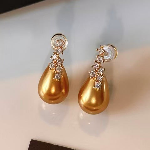 Faux Pearl Teardrop Drop Earrings With Sparkling Rhinestones, Light Luxury Old Money Style
