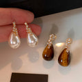 Faux Pearl Teardrop Drop Earrings With Sparkling Rhinestones, Light Luxury Old Money Style view 4