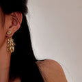 14K Gold Plated Metal Wheat Leaf Tassel Drop Earrings With Silver Posts Minimalist Luxury Style view 4