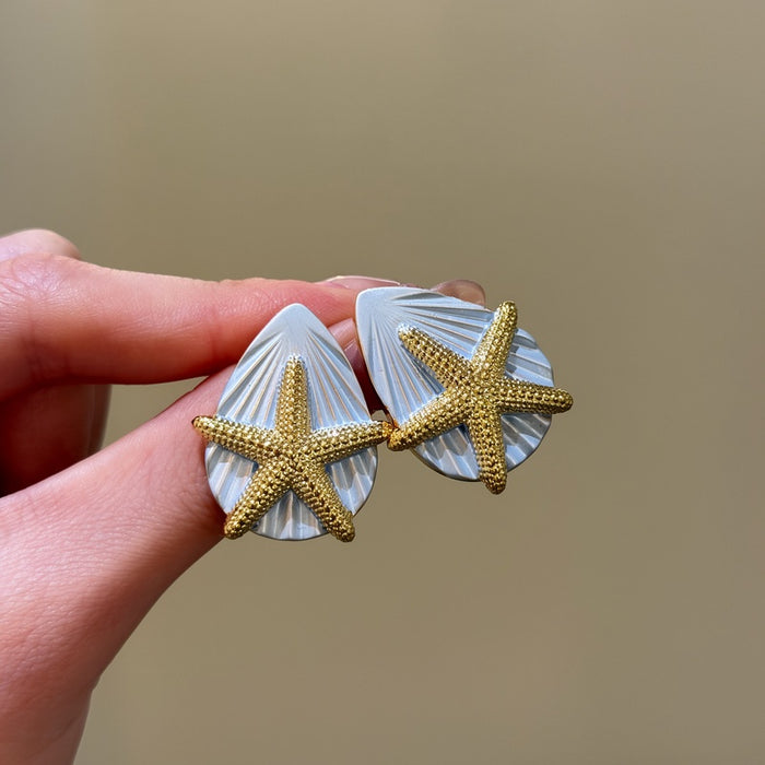 Shell Starfish Stud Earrings With Silver Posts, Enamel Island Vacation Style Jewelry