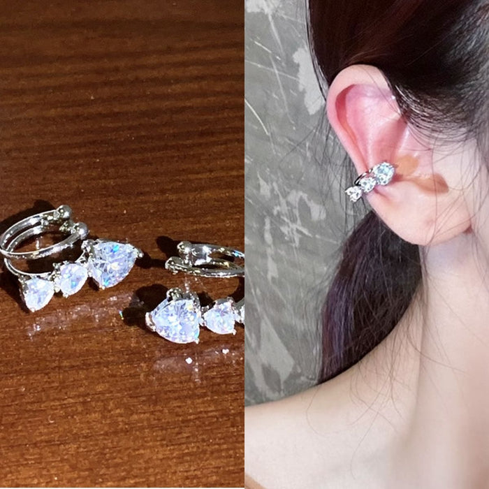 Copper Sparkling Rhinestone Heart Ear Cuff Stud Earrings, Korean Minimalist Chic Jewelry