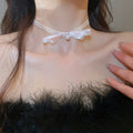Old Money Faux Pearl Necklace With Polka Dot Ribbon Bow Vintage Elegant Collarbone Choker view 4