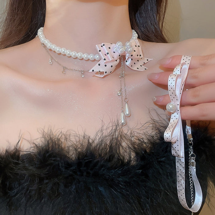 Old Money Faux Pearl Necklace With Polka Dot Ribbon Bow Vintage Elegant Collarbone Choker