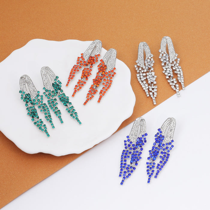 Luxury Full Rhinestone Lightning Tassel Long Drop Alloy Color Crystal Evening Statement Earrings