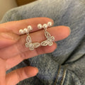 Silver Needle Zircon Butterfly Faux Pearl Stud Earrings For Women Light Luxury Elegant Style view 2