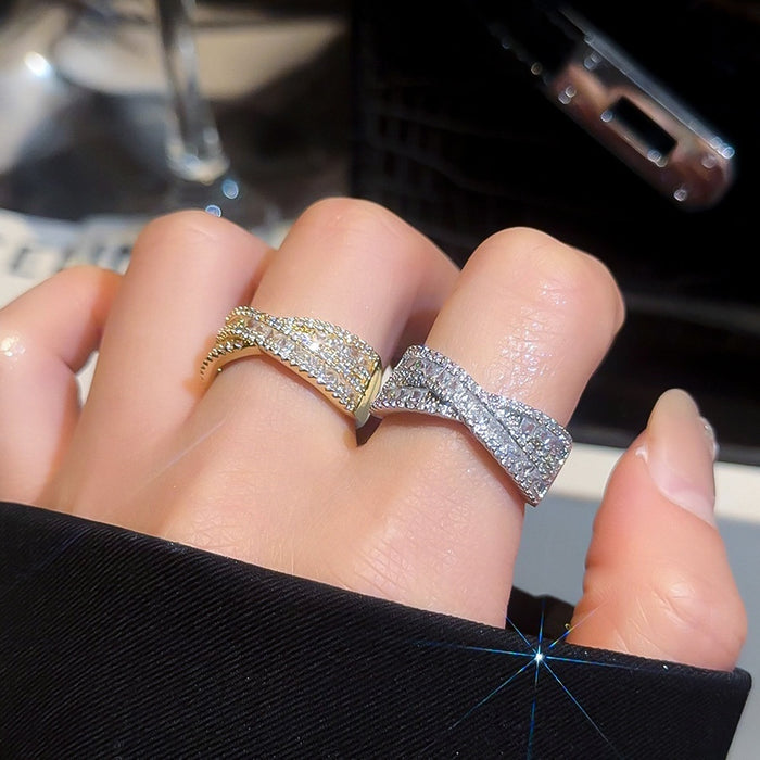 14K Gold Plated Copper Zircon X Crossover Open Ring For Women Geometric Everyday Index Finger Jewelry