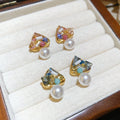 18K Gold Plated Copper Crystal Pearl Triangle Stud Earrings With Silver Pins, Elegant French Style view 3