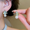 18K Gold Plated Copper Crystal Pearl Triangle Stud Earrings With Silver Pins, Elegant French Style view 4