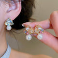 18K Gold Plated Copper Crystal Pearl Triangle Stud Earrings With Silver Pins, Elegant French Style view 2